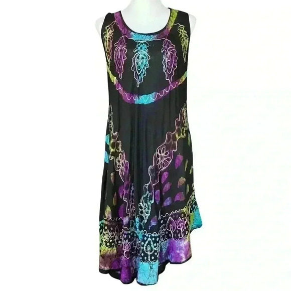 Boho Black Colorful Embroidered Semi Sheer Dress. Made in India. One Size. - Picture 3 of 12